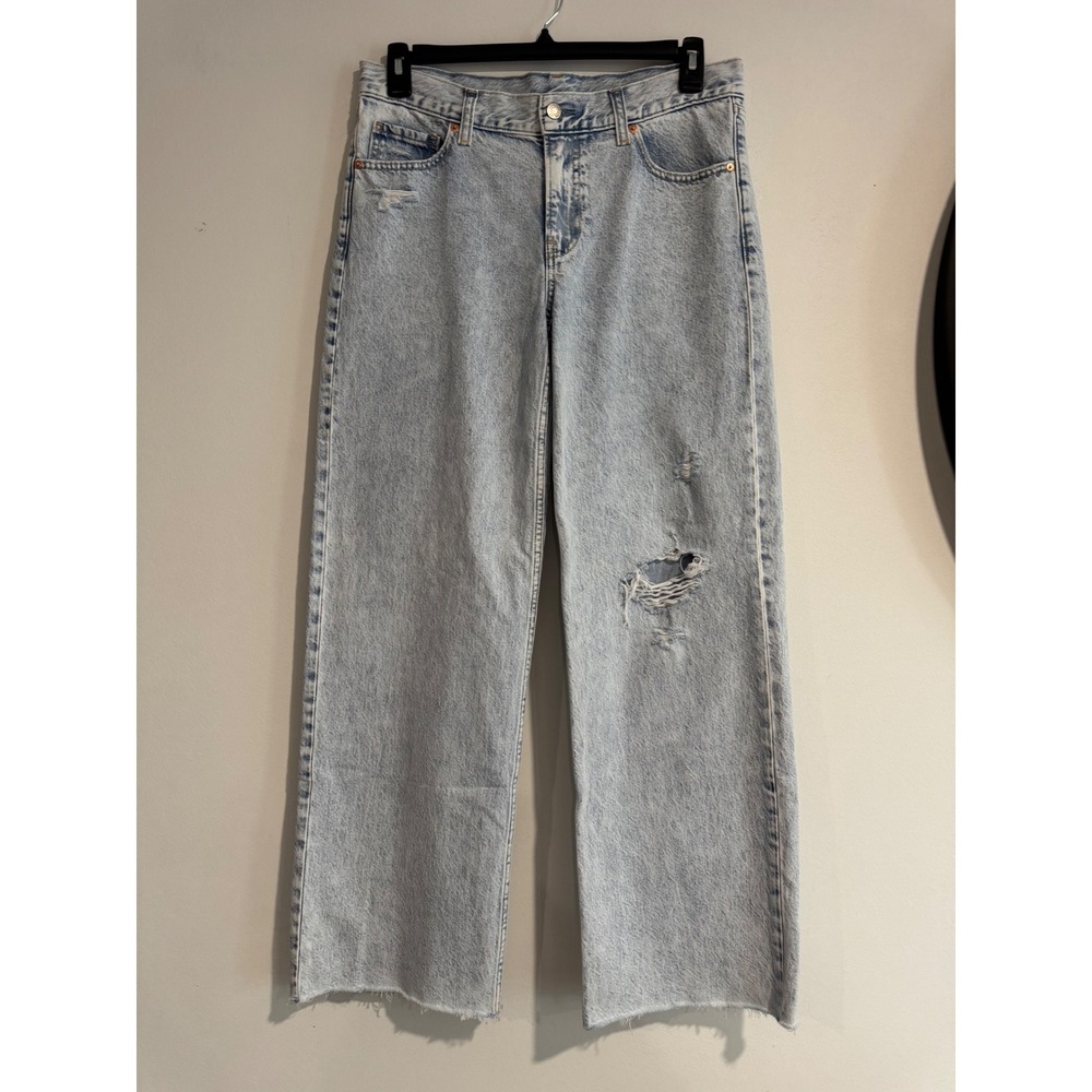 Gap Low Stride Jeans Womens 28 6 R Light Wash Distressed Raw Hem Wide Leg